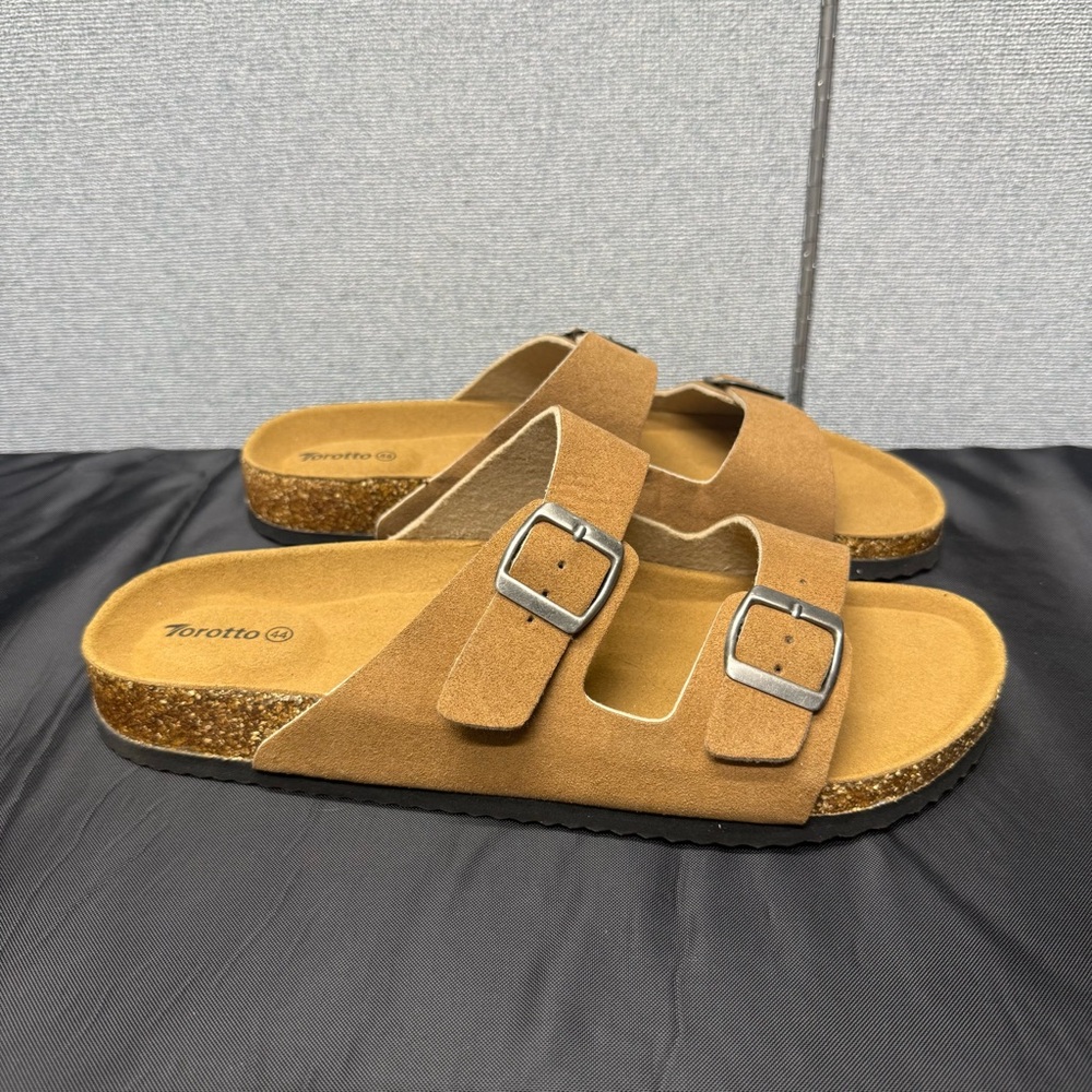 Torotto Mens Tan  Slides Cork Open Toe Adjustable Webbing Flat Sandals
